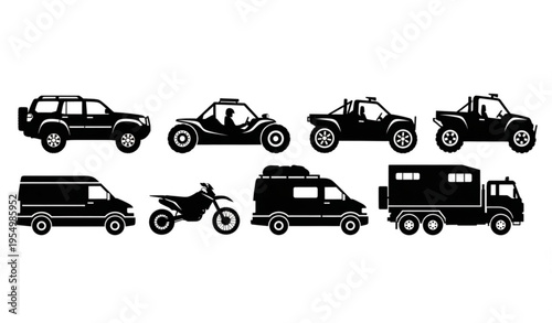 Off road vehicle silhouettes set with 4x4 suv truck atv and adventure transport vector collection