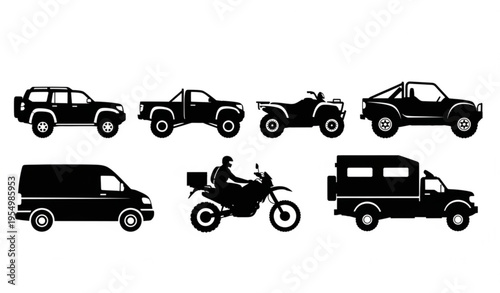 Off road vehicle silhouettes set with 4x4 suv truck atv and adventure transport vector collection