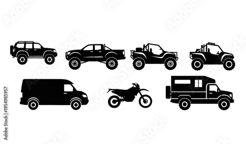 Off road vehicle silhouettes set with 4x4 suv truck atv and adventure transport vector collection