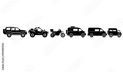Off road vehicle silhouettes set with 4x4 suv truck atv and adventure transport vector collection