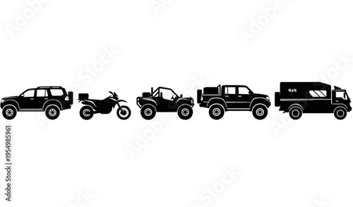 Off road vehicle silhouettes set with 4x4 suv truck atv and adventure transport vector collection