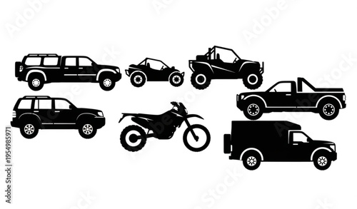 Off road vehicle silhouettes set with 4x4 suv truck atv and adventure transport vector collection