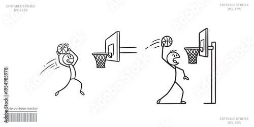 Basketball player dunking shot hoop line art black white vector illustration