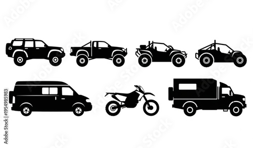 Off road vehicle silhouettes set with 4x4 suv truck atv and adventure transport vector collection