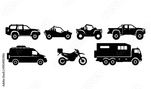 Off road vehicle silhouettes set with 4x4 suv truck atv and adventure transport vector collection