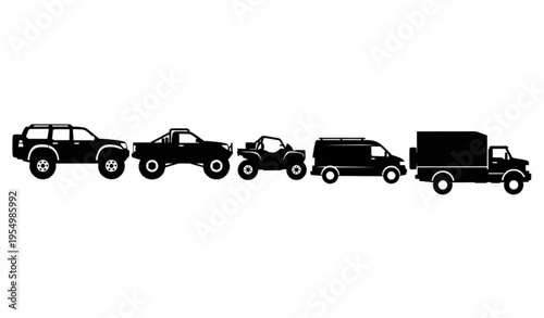 Off road vehicle silhouettes set with 4x4 suv truck atv and adventure transport vector collection