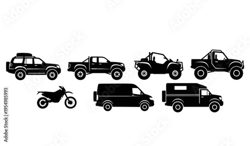 Off road vehicle silhouettes set with 4x4 suv truck atv and adventure transport vector collection