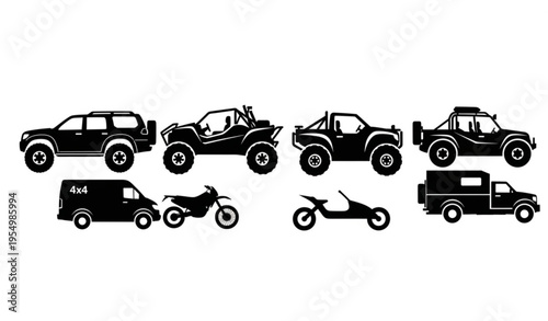 Off road vehicle silhouettes set with 4x4 suv truck atv and adventure transport vector collection