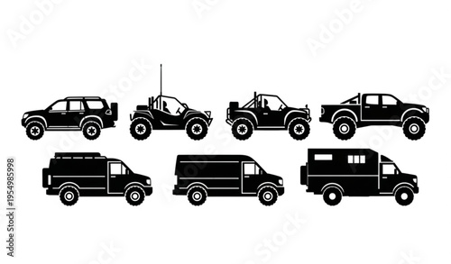 Off road vehicle silhouettes set with 4x4 suv truck atv and adventure transport vector collection