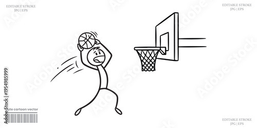 Basketball player dunking slam line art black white vector illustration