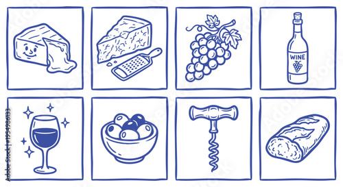 Wine tasting and appetizer menu elements. Blue line art cheese and grape doodle icons. Restaurant food illustration collection. Editable vector EPS graphics. Corkscrew symbol. 
