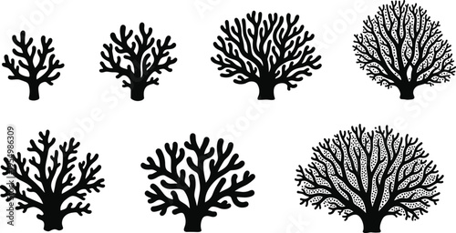 Coral tree silhouettes collection, branching fractal nature designs, decorative growth artwork, abstract organic structures, flat vector illustration\
