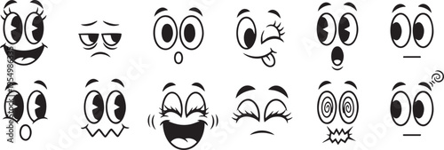 Collection of Cartoon Face Expressions in Classic Vintage Rubber Hose Style Art.