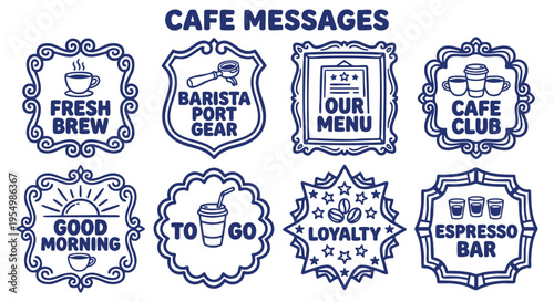 Cafe message badge set. Fresh brew and espresso bar typography signs. Outline vintage coffee shop label doodle designs. Blue line art vector layout elements for menus. EPS. 