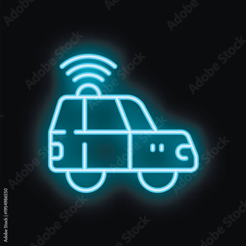 Neon icon of a self driving vehicle using a wireless network for navigation