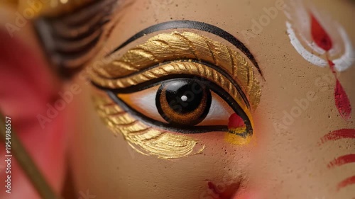 Intricate details of Ganesha idol eye revealing artistic craftsmanship and vibrant colors for Indian holidays.