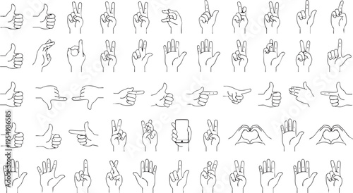 A large collection of black and white line art hand gestures including thumbs up, peace signs, heart shapes, and pointing fingers for communication and interface design