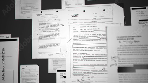 Official looking government secret files and reports on grey background. Various classified censored information documents exposed or compromised by insider whistleblower breach leak stealing secrets