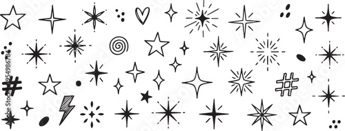 A collection of hand drawn black ink star doodles and sparkle graphic elements..