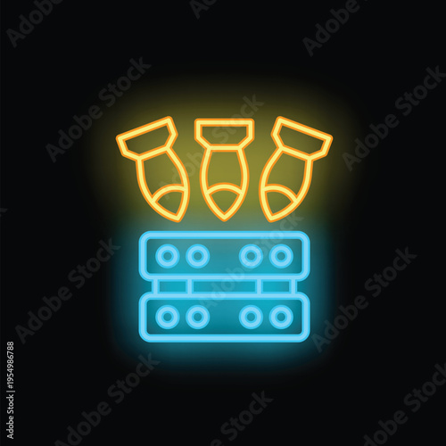 Neon style icon of three bombs falling on server representing cyber war and cyberterrorism