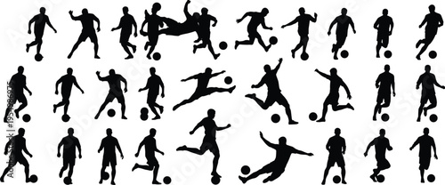 Soccer player silhouettes collection, football action poses set, athletes dribbling kicking running, sport activity vector isolated on white background dynamic illustration
