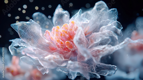 Surreal underwater scene featuring translucent flower with delicate petals and vibrant orange stamen, creating mesmerizing visual experience