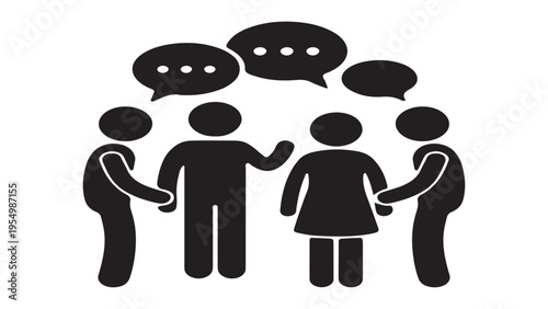 Vector illustration of diverse people silhouettes in a group discussion or brainstorming session with speech bubbles.
