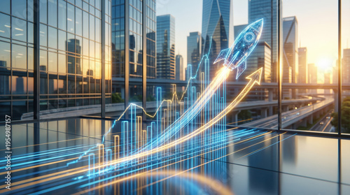 Digital rocket launching upwards over glowing financial data charts in a modern cityscape