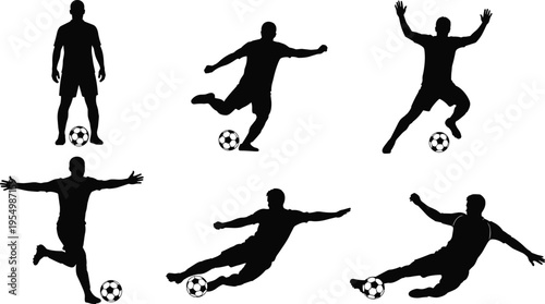 Soccer player silhouettes set, football action poses kicking ball, sport activity collection, black isolated vector illustration on white background dynamic movement concept