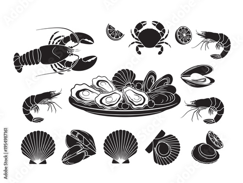 A collection of various seafood on a white background