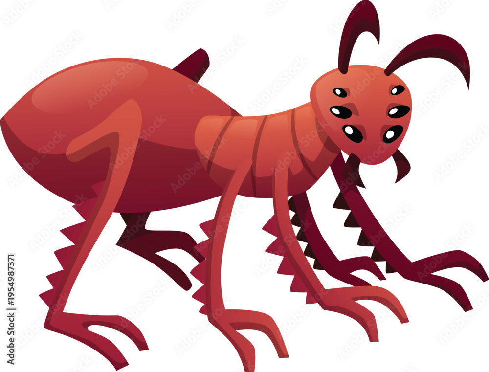Fototapeta premium Insect monster vector flat icon, cartoon fantasy scary brown beetle bug insect, grasshopper ant with many eyes and fangs