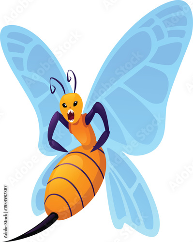 A monstrous wasp with wings, a striped abdomen, a stinger, and teeth.