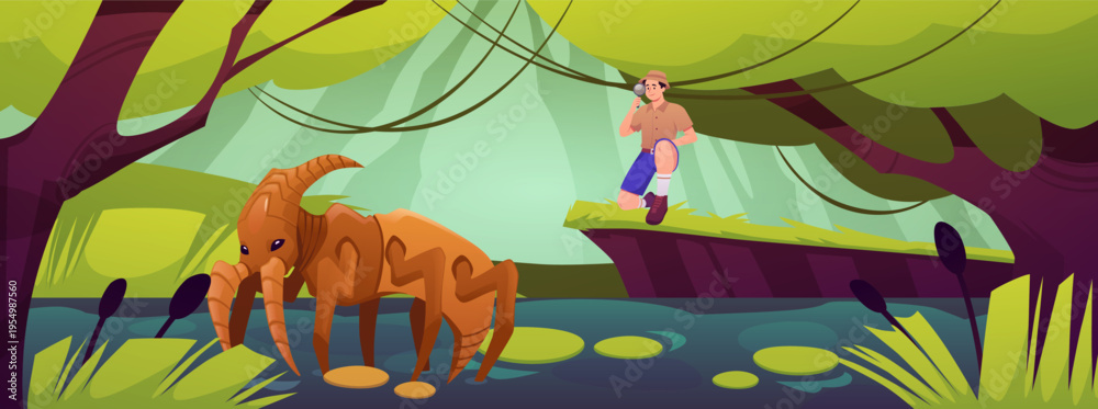 Fototapeta premium A male explorer observes a monstrous, scary insect in a swamp, against a tropical forest backdrop.