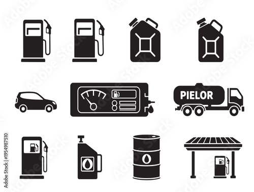 Black and white icons of various fuel pumps and gas stations