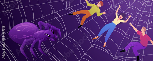 Insect monster, vector cartoon scary spider many eyes and fangs caught prey people in web trap, dangerous bug predator