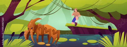 A male explorer observes a monstrous, scary insect in a swamp, against a tropical forest backdrop.