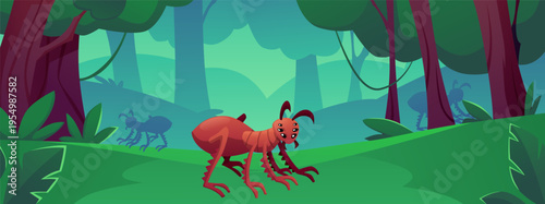 A monster ant with many eyes, against the backdrop of a tropical forest with trees and green grass.