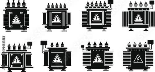 Electrical transformer silhouette vector illustration collection, power distribution icons, high voltage warning, industrial design, energy equipment artwork, flat vector illustration