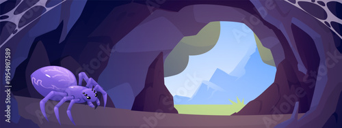 Stone cave entrance and insect monster, vector cartoon scary spider with many eyes and fangs, creepy fantasy bug