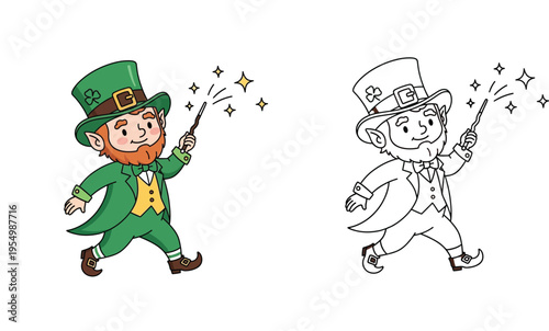 Canvas Print Cute Cartoon Leprechaun Character with Magic Wand and Sparkling Stars for Saint
