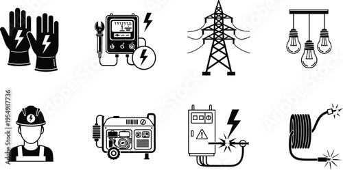 electricity icon set vector, electrical equipment illustration, power tools symbols, energy technology collection, wiring safety elements, industrial electric design