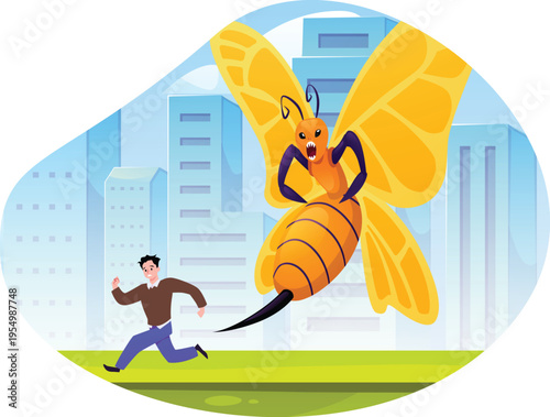 A man is running from a bee monster that wants to sting him against the background of a city vector flat illustration
