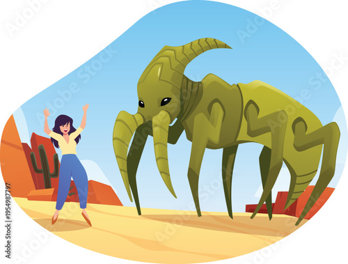 Insect monster scares woman on desert landscape, vector cartoon scary fantasy beetle insect with horn and fangs attacks