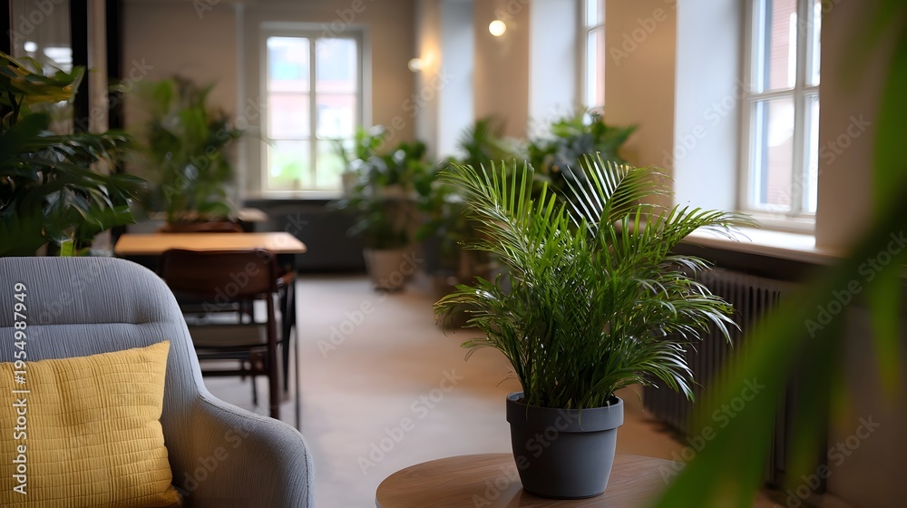 Fototapeta premium A bright modern co working space enhanced by lush potted plants and comfortable seating