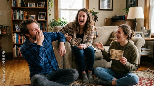 Three friends laughing and holding vintage photographs in cozy living room