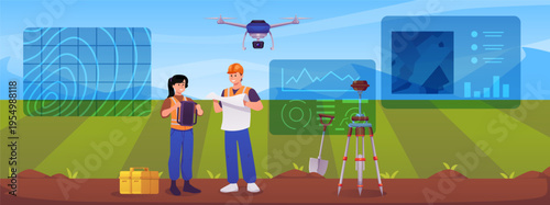 Surveyors using geodetic equipment, map, theodolite on tripod in the field, vector flat geodesists measurements, drone