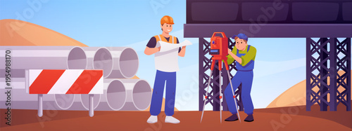 Workers at a construction site holding blueprints and a surveying instrument.