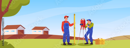 Surveyors civil engineers measuring theodolite on tripod, vector geodesy workers with topographic tools on field land