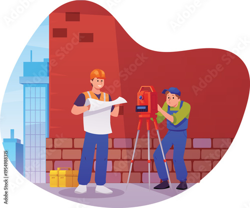 Surveyors civil engineers using plan map and measuring theodolite on tripod in the city street flat vector isolated