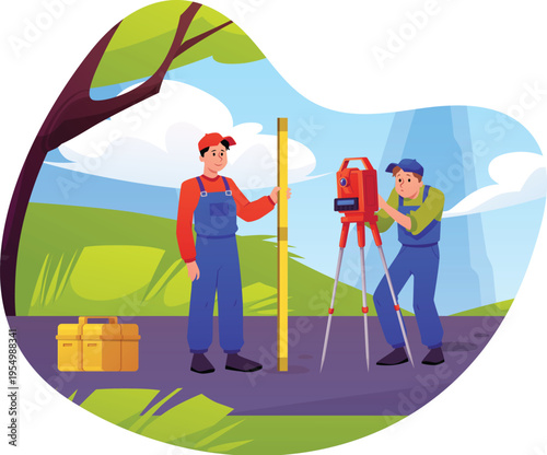Surveyors civil engineers using measuring theodolite on tripod, vector geodesy workers with topographic tools on road